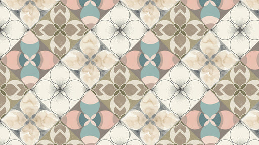 A geometric tile pattern featuring watercolor flowers in blush, sage, cream, and charcoal.