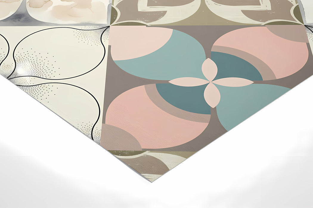 A sophisticated home office space decorated with a soft-toned geometric floral wall mural.