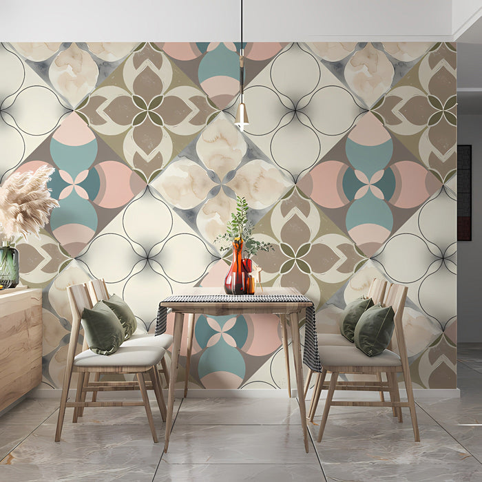 A calm nursery room wall featuring the elegant pastel floral and diamond patterned wallpaper.