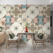 A calm nursery room wall featuring the elegant pastel floral and diamond patterned wallpaper.