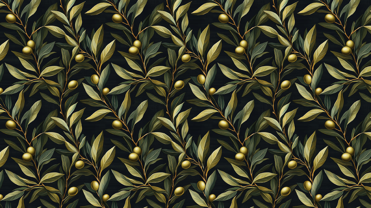 Repeating olive branch pattern with sage leaves and golden olives on a charcoal background