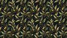 Repeating olive branch pattern with sage leaves and golden olives on a charcoal background