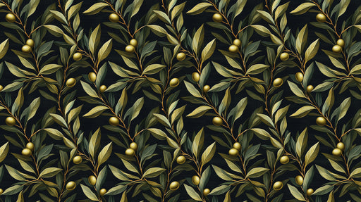 Repeating olive branch pattern with sage leaves and golden olives on a charcoal background