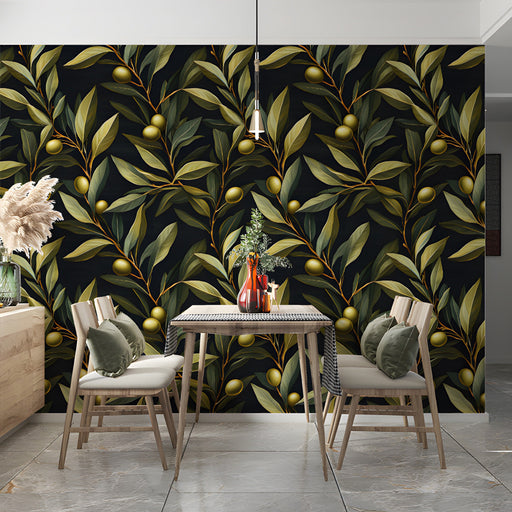 Moody olive branch wallpaper installed as a feature wall in a sophisticated dining room