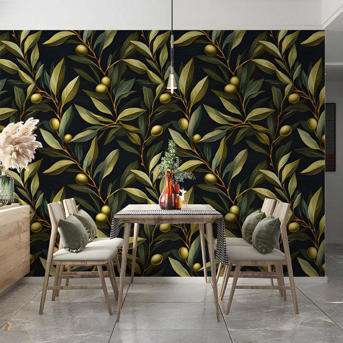 Moody olive branch wallpaper installed as a feature wall in a sophisticated dining room