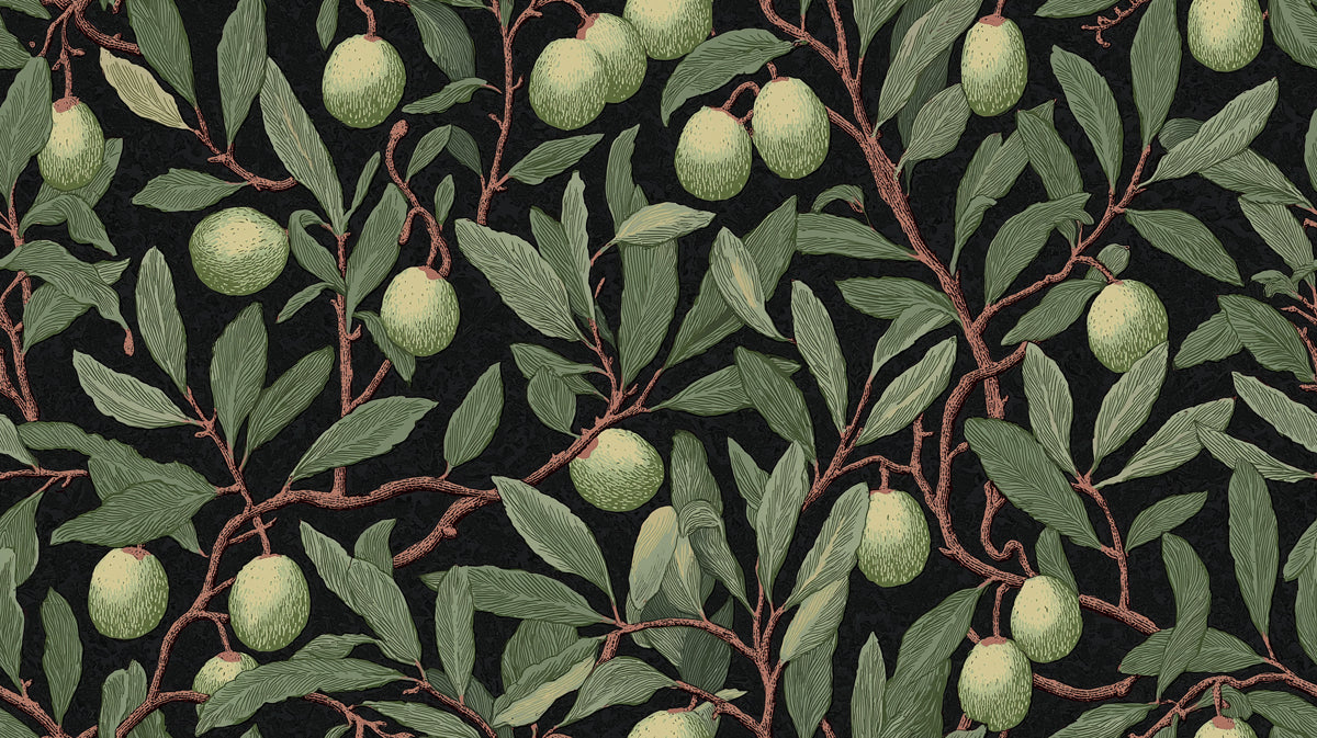 Botanical pattern with sage olive leaves, terra-cotta branches, and pale green fruit on a black background.