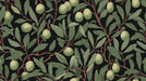 Botanical pattern with sage olive leaves, terra-cotta branches, and pale green fruit on a black background.