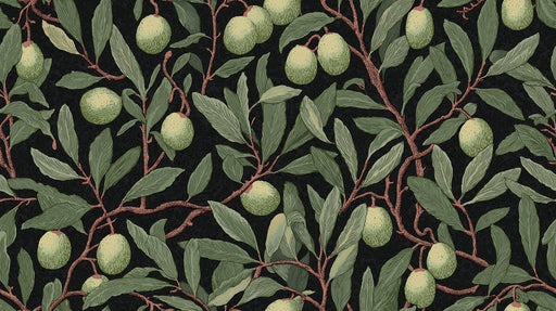 Botanical pattern with sage olive leaves, terra-cotta branches, and pale green fruit on a black background.