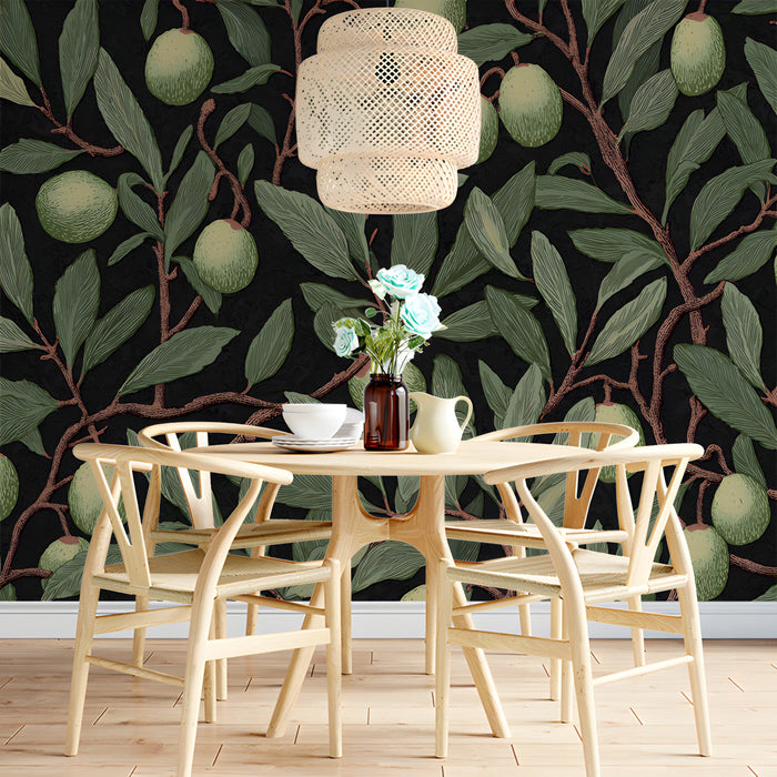 A cozy bedroom sanctuary decorated with a refined olive branch mural wallpaper in sage and black.