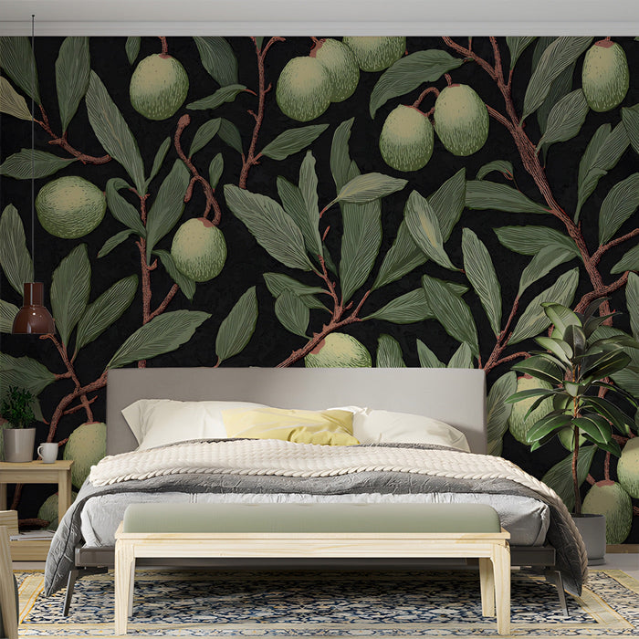 A sophisticated dining room featuring an olive branch botanical mural on the main feature wall.
