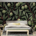 A sophisticated dining room featuring an olive branch botanical mural on the main feature wall.