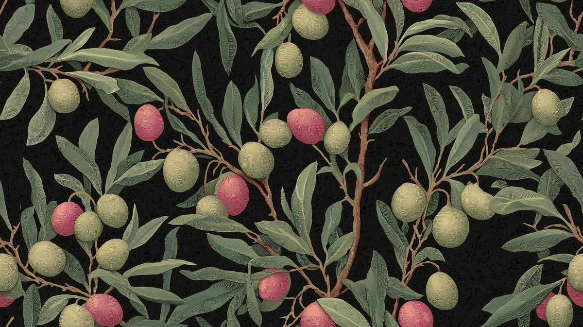 Botanical olive branch pattern with sage leaves and plum fruit on a dark charcoal background, vintage woodblock style