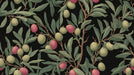 Botanical olive branch pattern with sage leaves and plum fruit on a dark charcoal background, vintage woodblock style