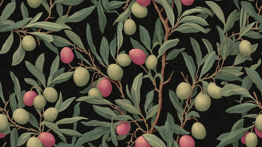 Botanical olive branch pattern with sage leaves and plum fruit on a dark charcoal background, vintage woodblock style