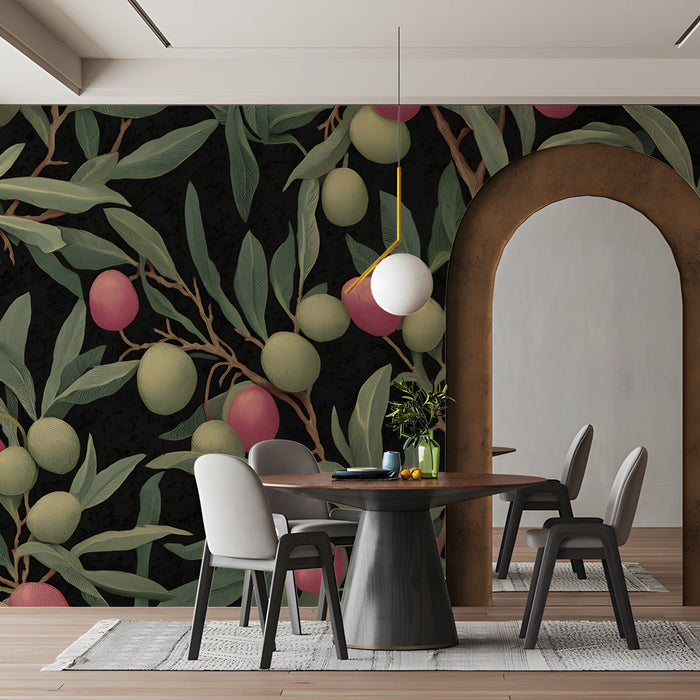 Elegant dining room with olive grove mural wallpaper paired with warm brass lighting and dark wood furniture