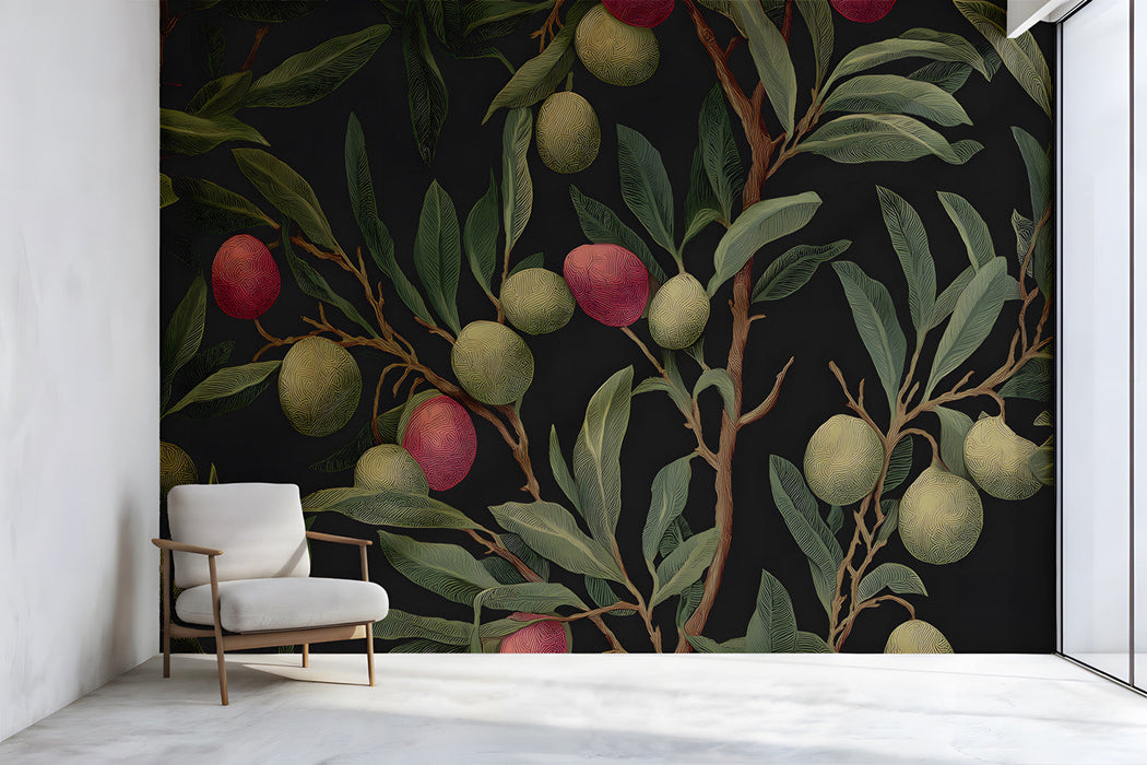 Modern living room featuring a dark botanical olive branch wallpaper as a sophisticated statement wall