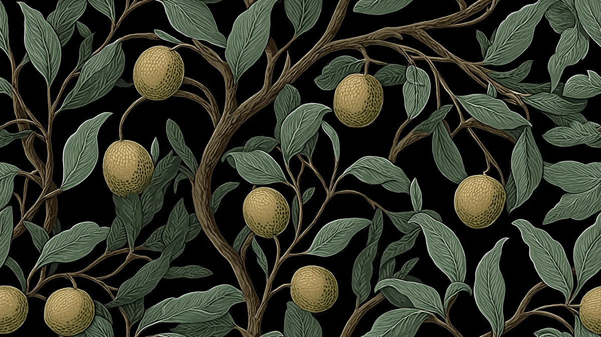 Vintage botanical wallpaper pattern with sage green leaves and textured ochre citrus fruits on a black background
