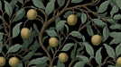 Vintage botanical wallpaper pattern with sage green leaves and textured ochre citrus fruits on a black background