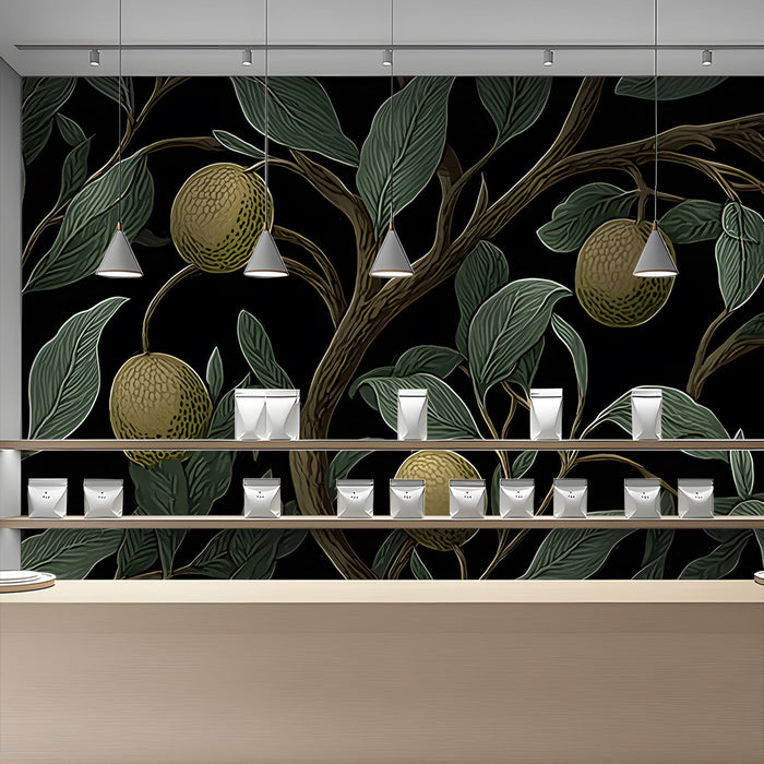 Moody master bedroom interior styled with a detailed botanical mural on the feature wall