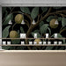 Moody master bedroom interior styled with a detailed botanical mural on the feature wall