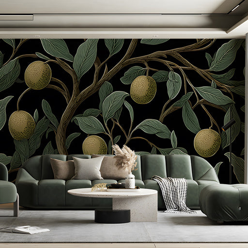 Sophisticated dining room featuring a black and green citrus mural wallpaper with brass accents
