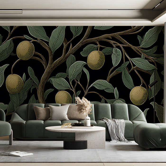 Sophisticated dining room featuring a black and green citrus mural wallpaper with brass accents