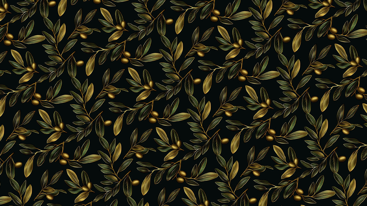 Intricate olive branch pattern with golden leaves and olives on a black background