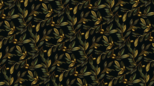 Intricate olive branch pattern with golden leaves and olives on a black background