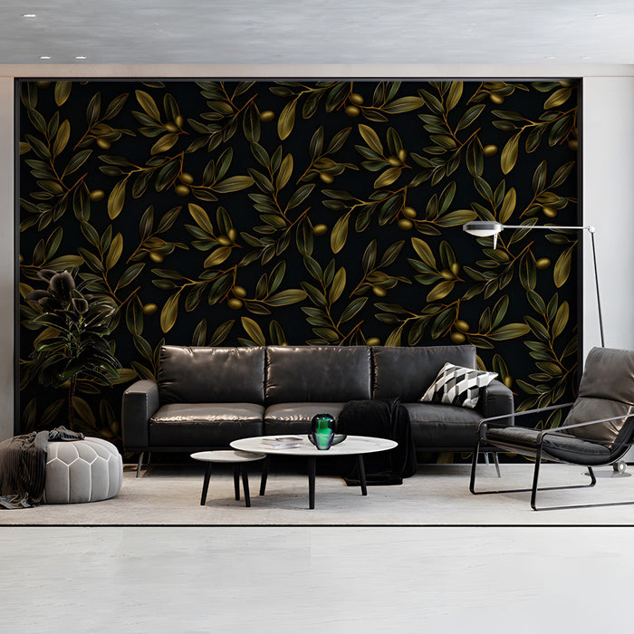 Elegant olive leaf wall mural applied in a contemporary bedroom suite