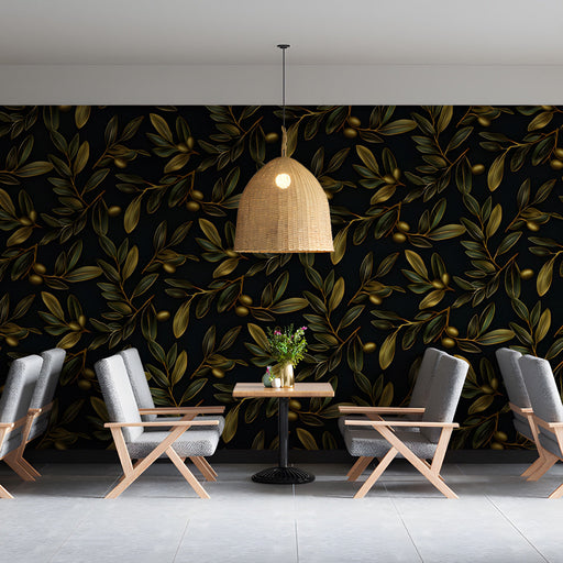 Gilded olive branch mural installed in a moody dining room with brass accents