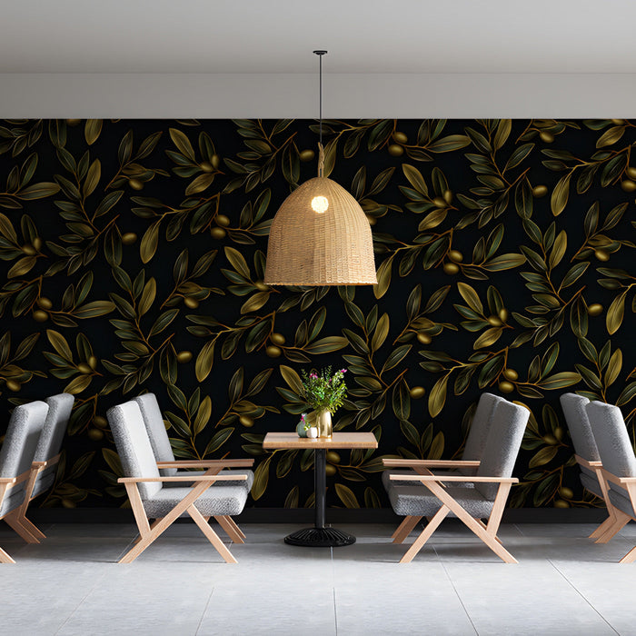 Gilded olive branch mural installed in a moody dining room with brass accents