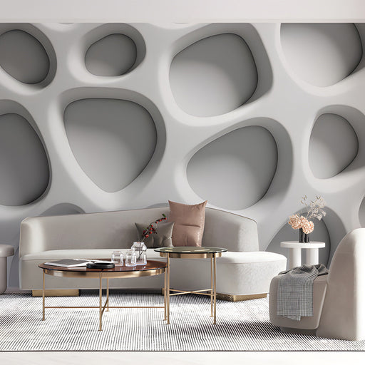 Modern living room featuring a sculptural white cellular wall mural