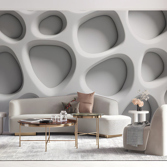 Modern living room featuring a sculptural white cellular wall mural