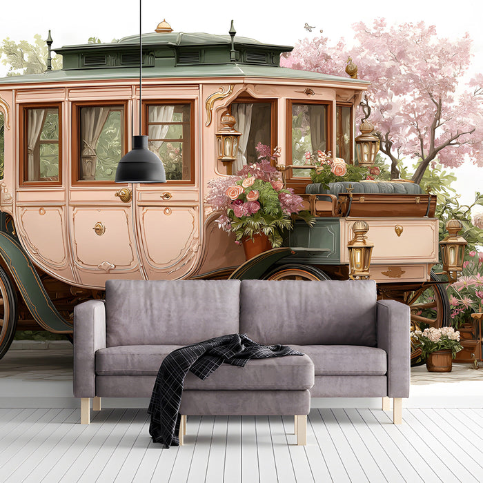 Romantic carriage illustration mural styling for a playful and imaginative child's bedroom