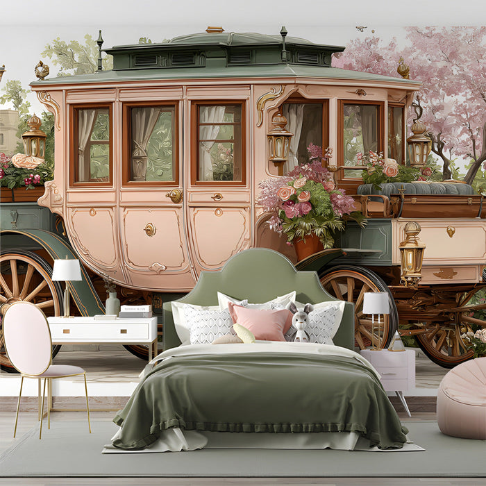 Floral carriage wallpaper installed as a whimsical feature wall in a nursery