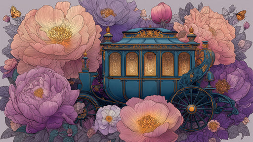 Fairytale mural wallpaper with a navy blue ornate carriage surrounded by large line-art peonies in lilac and apricot shades