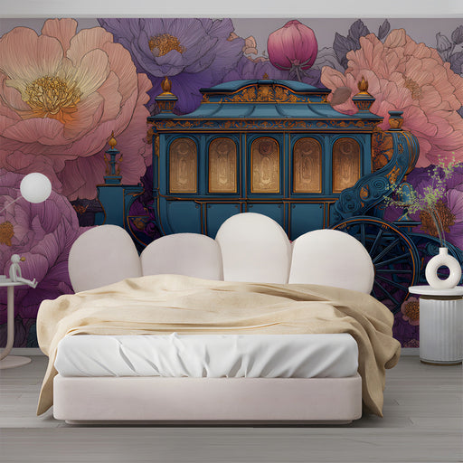 Floral and carriage mural design displayed in an elegant dining room with velvet upholstery
