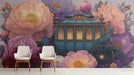 Fairytale carriage floral mural installed in a whimsical nursery with soft pastel furniture