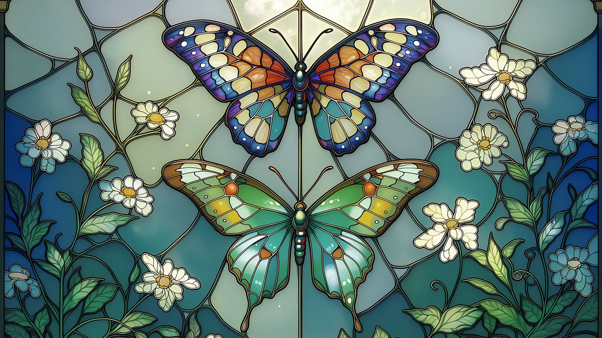 Stained glass effect wallpaper with butterflies and white flowers in vibrant teal, indigo, and amber