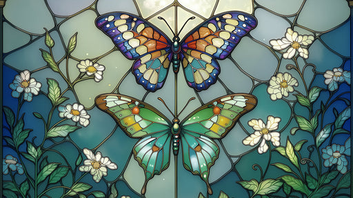 Stained glass effect wallpaper with butterflies and white flowers in vibrant teal, indigo, and amber