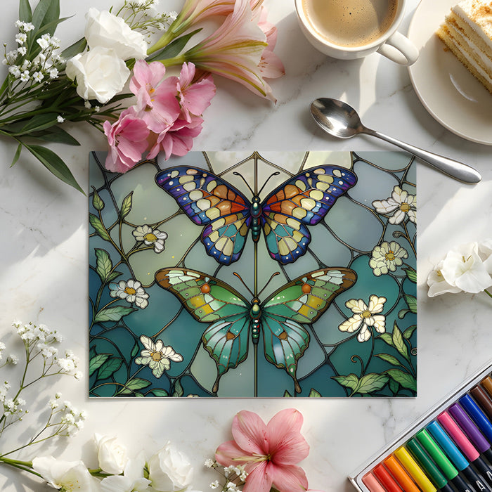 Floral and butterfly stained glass mural installed in a cozy bedroom setting