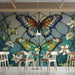 Detailed nature-inspired stained glass wallpaper in a stylish home office