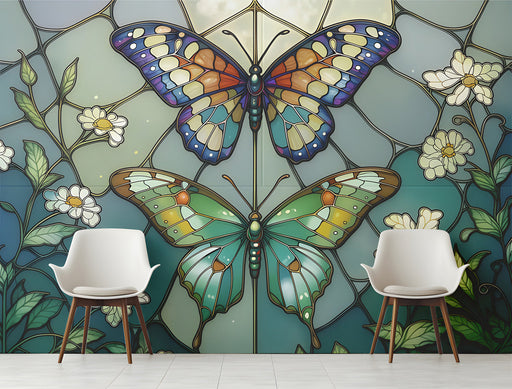 Stained glass butterfly wall art featured in a bright, modern living room interior