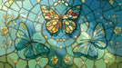 Stained glass pattern featuring butterflies, floral vines, and geometric lead lines in teal and amber tones