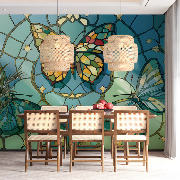Colorful glass-inspired accent wall in a quiet home office with natural lighting