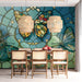 Colorful glass-inspired accent wall in a quiet home office with natural lighting