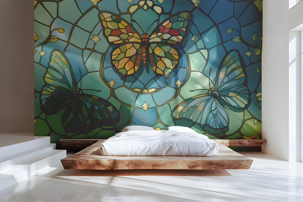 Stained glass butterfly mural installed behind a minimalist wooden bed frame in a bedroom