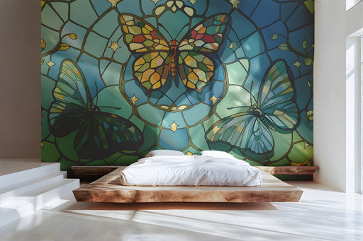 Stained glass butterfly mural installed behind a minimalist wooden bed frame in a bedroom