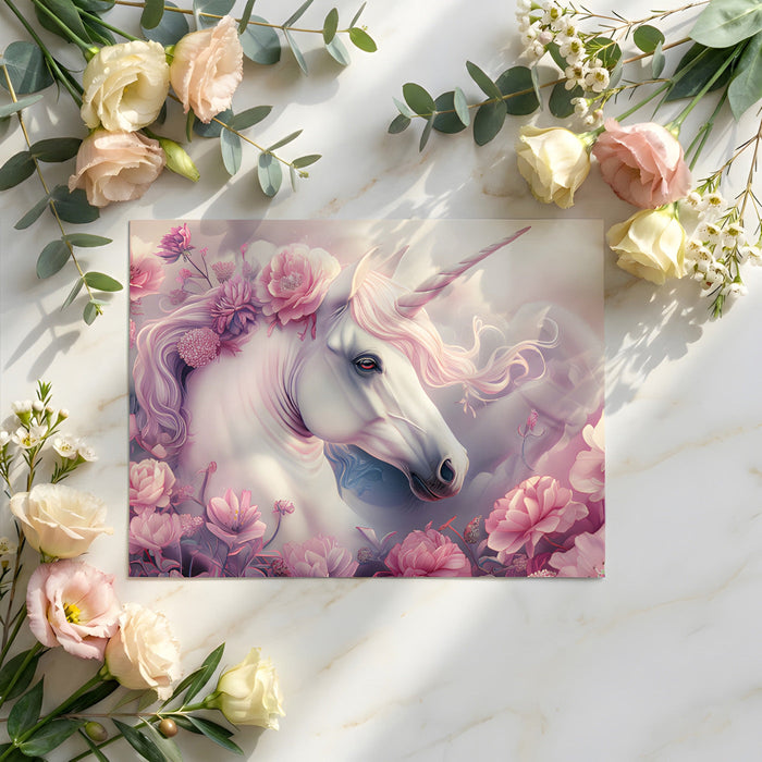A cozy girl's bedroom interior with a whimsical floral unicorn accent wall design.