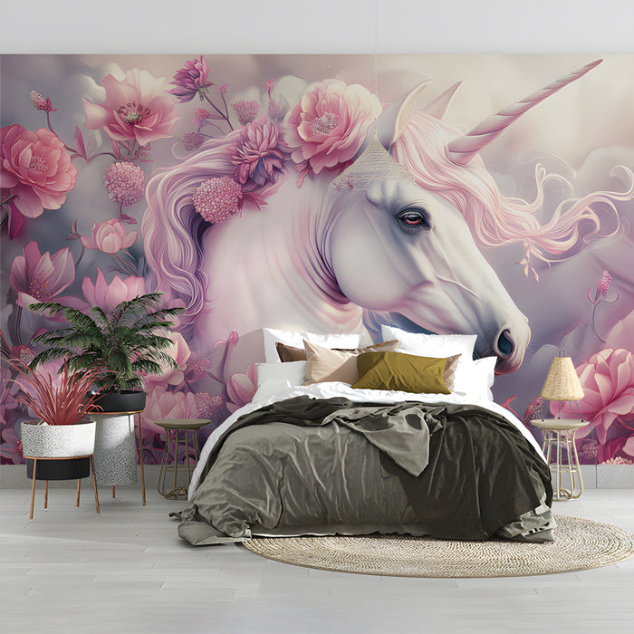 A soft-toned playroom space featuring a large-scale unicorn mural with pink roses.